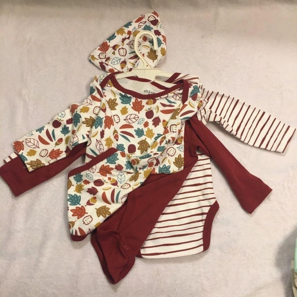 Chick Pea Bodysuit Set Baby 6-9M Burgundy Fall Leaf Stripe 4pc Excellent Snap